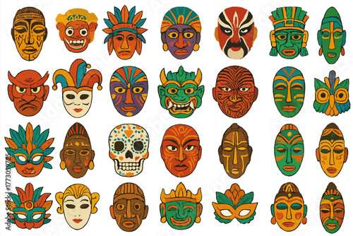 Colorful masks representing cultural traditions and celebrations from various regions and time periods