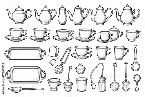 Various types of teapots, cups, and utensils for tea preparation and serving showcased in a detailed black and white illustration