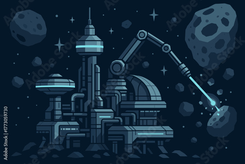 Futuristic space mining facility with robotic arm extracting resources from asteroids in deep space