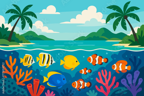 Colorful underwater scene showing tropical fish and coral in a serene ocean near green hills and tall palm trees
