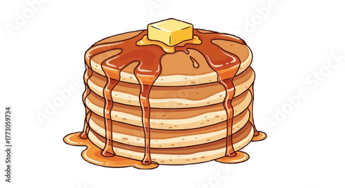 Stack of freshly cooked pancakes topped with a melting butter cube and dripping with sweet syrup perfection.