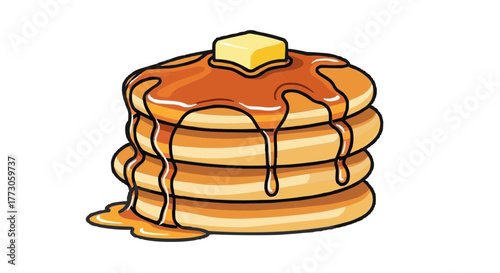 Stack of fluffy pancakes with melted butter and dripping sweet syrup, a perfect brunch treat that is cartoonish.