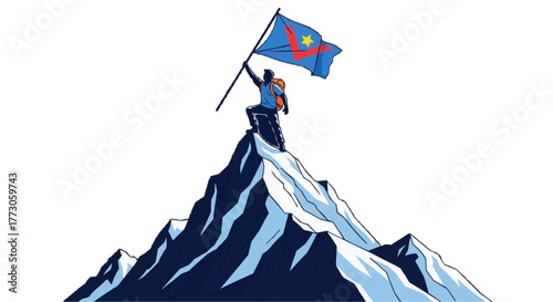Achieving summit goals: A hiker stands atop a snowy mountain, victoriously waving flag, embodying triumph and perseverance. 