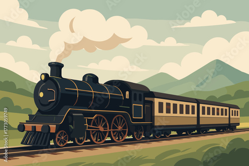 Vintage steam train traveling through a scenic landscape with mountains and clouds during the day