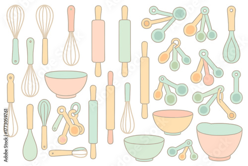 Colorful baking tools and utensils on a light background create a cheerful kitchen scene for cooking enthusiasts
