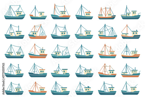 Colorful fishing boats arranged in a neat pattern on a light background during a calm day at sea