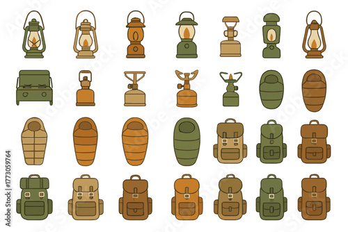 Collection of camping and outdoor gear including lanterns, cooking equipment, sleeping bags, and backpacks for adventures in nature