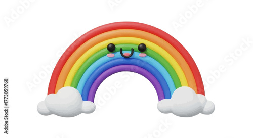 A vibrant rainbow arches across the horizon, its colorful bands meeting fluffy white clouds on a transparent background.