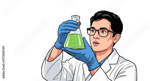 A scientist wearing a lab coat and gloves carefully examines a flask containing a vibrant green liquid in a controlled setting.