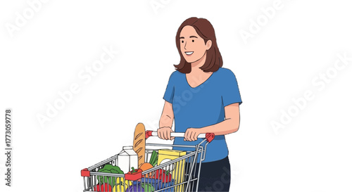 Woman pushing a shopping cart filled with fresh groceries, smiling as she navigates through the aisles of the market.