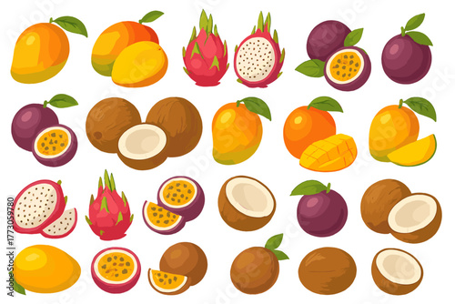 Colorful assortment of tropical fruits displayed in an artistic arrangement showcasing their vibrant shapes and textures