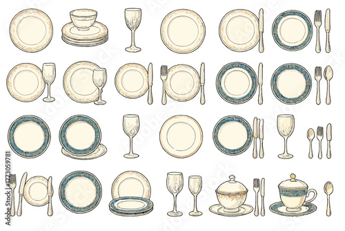 Tableware collection with elegant plates, glasses, and cutlery arranged for special occasion