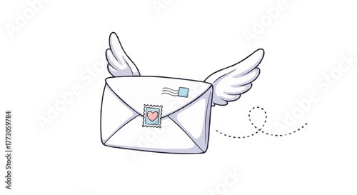 A charming cartoon letter soars with wings, sealed with a heart stamp, sending messages of affection and connection.