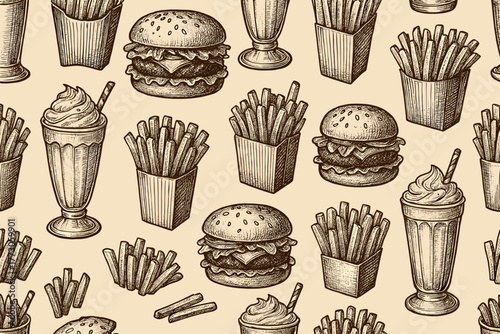 Vintage style illustrations of burgers, fries, and milkshakes on a beige background