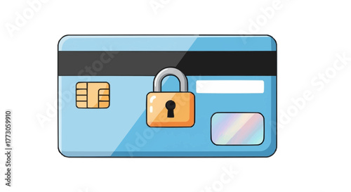 A cartoon-style bank card is displayed with a padlock in front, symbolizing secure finances and protected transactions.