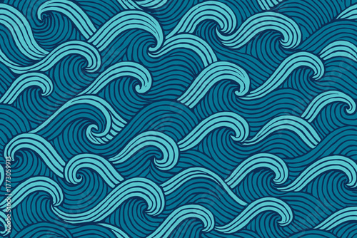 Intricate wave pattern in soothing blue tones creates a calming oceanic design