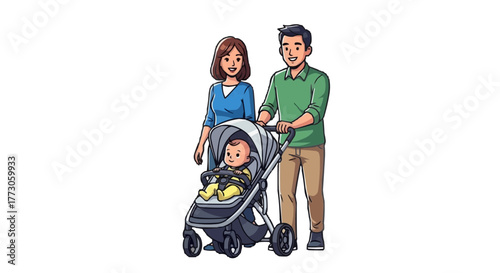A joyful family takes a pleasant walk. The baby is sitting comfortably in the stroller, enjoying the outside world.