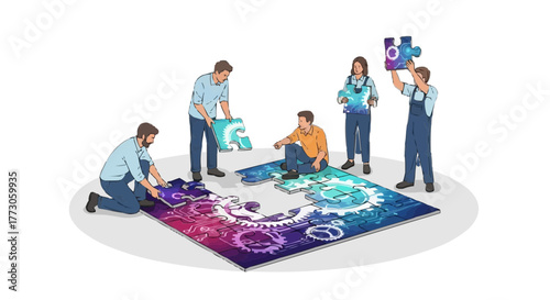 Teamwork and problem-solving are displayed, with diverse members connecting puzzle pieces filled with gears and circuits.