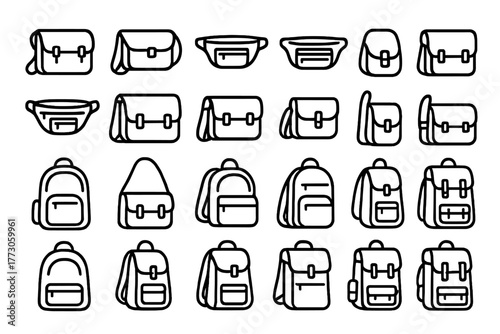 Collection of various backpack styles and sizes arranged neatly on a plain background showing different designs and features