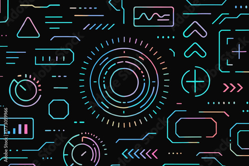 Colorful abstract design featuring geometric shapes and lines on a dark background
