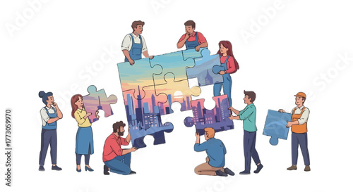 Teamwork makes the dream work! Diverse group assembling a cityscape puzzle, symbolizing collaboration and vision fulfillment.