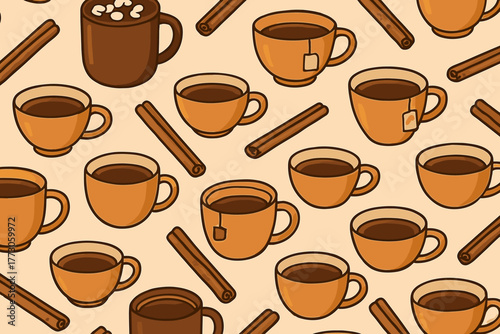 Warm and cozy cups of tea and coffee with cinnamon sticks on a creamy background