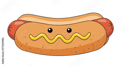 A cartoon hotdog with a bun, sausage, and mustard smiles out innocently, bringing joy to mealtime illustrations.