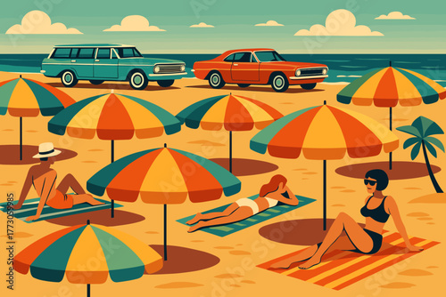 Summer beach scene with vibrant umbrellas, classic cars, and sunbathers enjoying the warm weather by the ocean