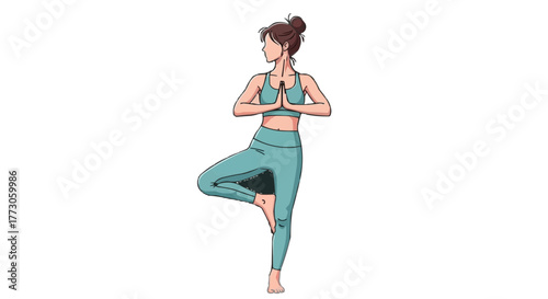 A serene woman in turquoise sportswear, her hands clasped in prayer, stands tall in the tree pose, yoga for inner balance.