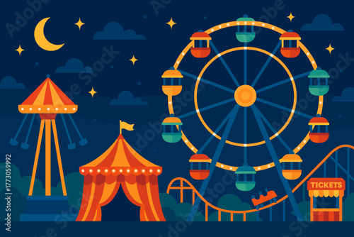 Colorful carnival scene at night with a ferris wheel, carousel, and ticket booth under a starry sky