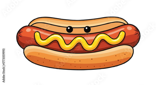A whimsical cartoon hot dog character with googly eyes and mustard, creating a playful and appetizing visual.