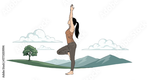 A serene woman stands in tree pose, arms raised, amid a picturesque scene of mountains, trees, and fluffy clouds.