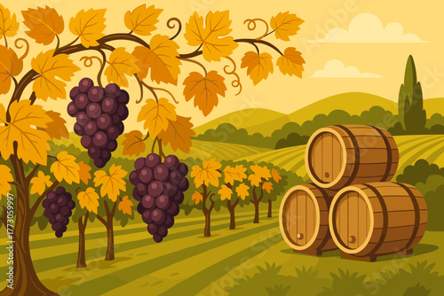 Vineyard landscape with ripe grapes and wooden barrels under a warm sunset sky in autumn