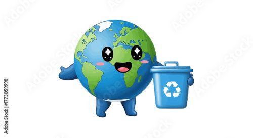 Cartoon Earth holding a recycle bin, advocating for environmental awareness and conservation efforts globally.