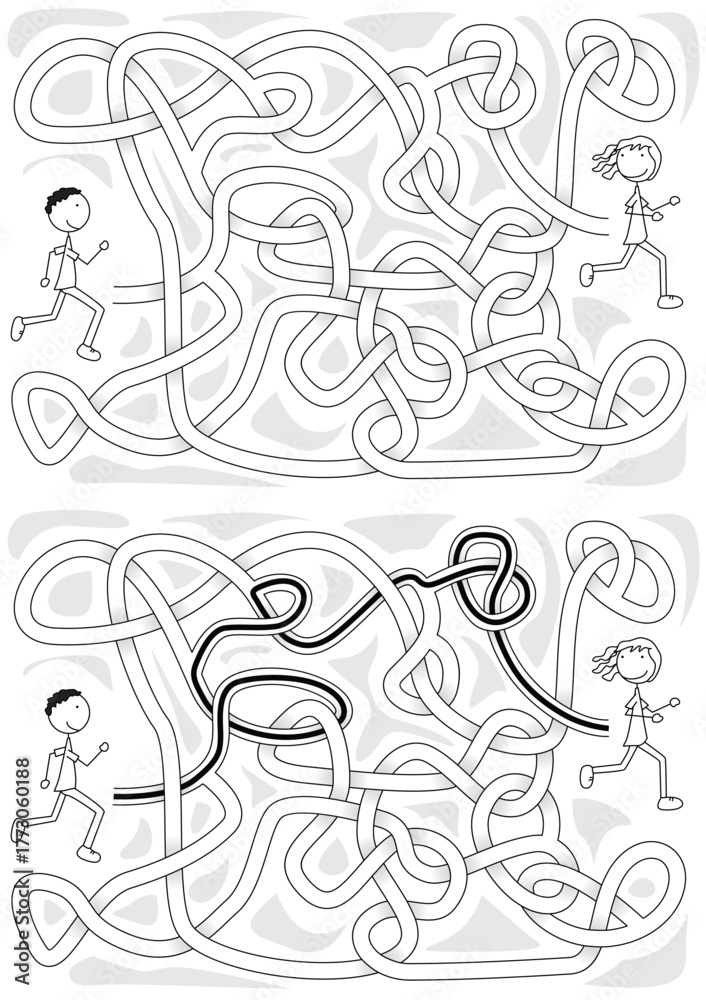 Obraz premium A vector illustration features a complex, path maze, with two running cartoon children positioned at opposite ends - maze for kids with a solution in black and white