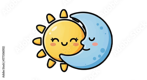 A cute illustration of a yellow sun and a blue moon with happy expressions embracing, symbolizing harmony and affection.