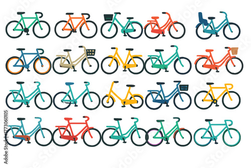 Various colorful bicycles arranged in different styles and designs for urban transport and leisure activities
