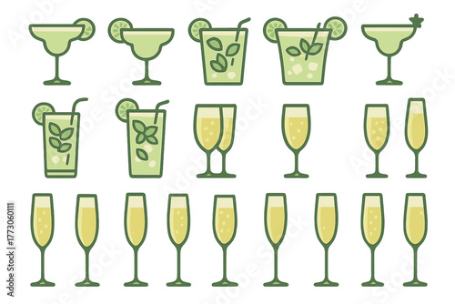 Cocktails and mocktails displayed in an artistic arrangement with vibrant colors and refreshing ingredients