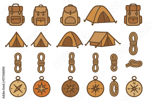 Camping gear collection featuring backpacks tents ropes and compasses for outdoor adventures