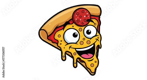 Whimsical pizza slice cartoon character with pepperoni and cheese, perfect for illustrations and food-themed designs.