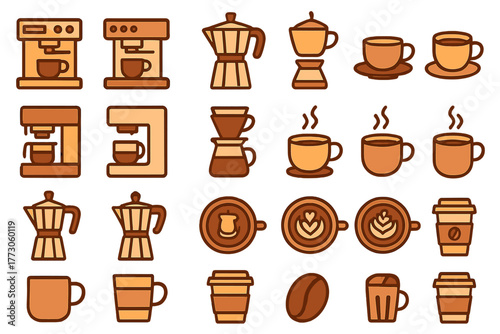 Variety of coffee brewing methods and cups displayed in warm tones showing different styles and drinks