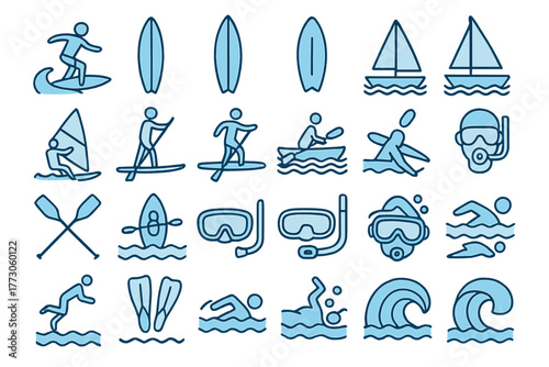 Colorful icons showing various water sports like surfing, kayaking, and paddleboarding