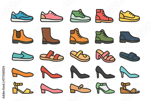 Diverse collection of footwear styles displayed in a vibrant arrangement for fashion enthusiasts