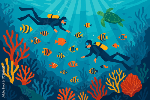 Two divers explore a vibrant underwater world filled with colorful fish and coral near a turtle
