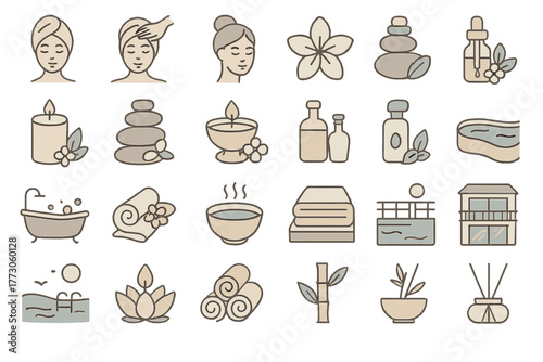 Collection of spa and relaxation symbols featuring stones, candles, plants, and bath elements in soothing colors