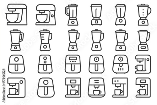 Various kitchen appliances arranged in a grid pattern on a white background showing their modern design and functionality