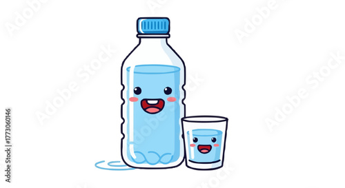 A whimsical, cartoon-style illustration showcasing a smiling water bottle alongside a cheerful glass of water.