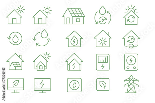 Collection of green energy icons showcasing sustainable home practices and renewable resources for eco-friendly living
