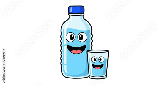 A cute cartoon water bottle with a blue cap and a glass of water with a cheerful expression on a transparent background.