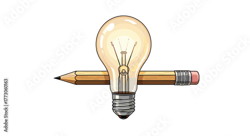 Symbolic composition of a bright lightbulb and a common pencil representing the generation and expression of ideas.